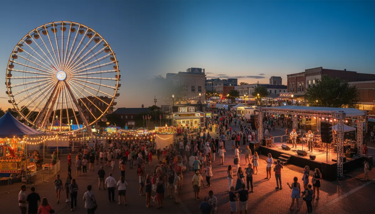 photorealistic dusk scene of Central Texas fairgrounds and downtown festival blended together, Ferris wheel lights on left, live band on small downtown stage on right, diverse crowd in casual summer clothes, warm neutral lighting, clear late-summer sky
