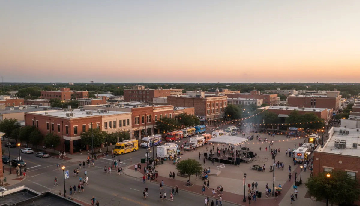 photorealistic aerial evening view of downtown Killeen Texas with people walking, food trucks lined up, festival lights and a small stage setting up for live music under a soft neutral sunset sky