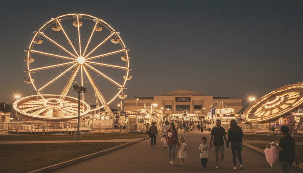 photorealistic nighttime state fair midway in neutral tones, glowing ferris wheel, spinning carnival rides, families walking with funnel cakes and cotton candy, Bell County Expo Center in the distance, clear Texas sky with subtle stars