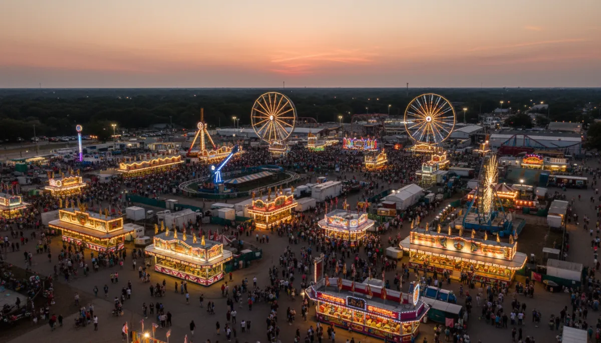 photorealistic aerial evening view of Central Texas state fair midway at opening night, glowing carnival rides, food booths, and crowds under a soft Texas sunset sky, neutral color tones
