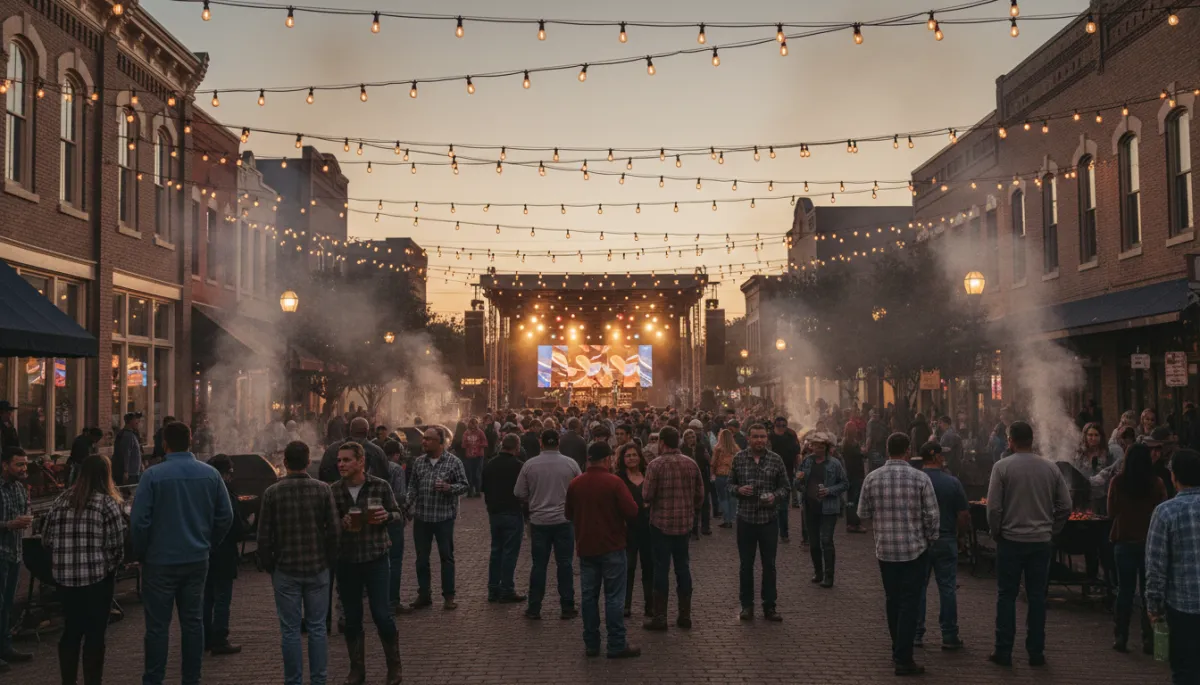 photorealistic evening street festival in historic downtown Killeen, neutral color palette, strings of warm lights overhead, crowd in cowboy boots holding craft beers, smoke from BBQ pits drifting through, main stage glowing at end of the block