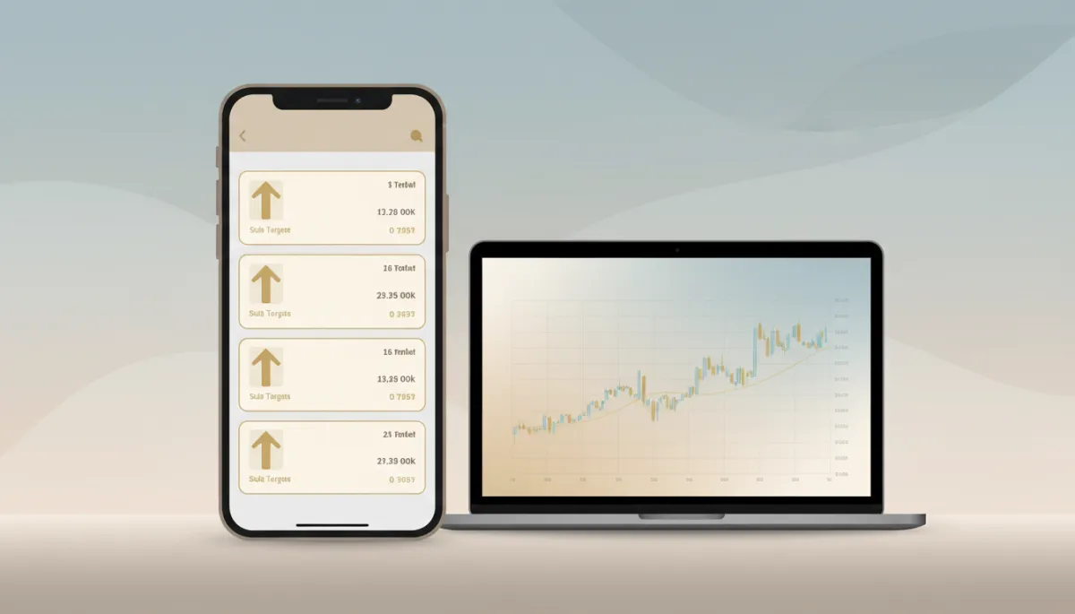 Telegram channel showing structured daily gold trading signals beside a gold chart on laptop