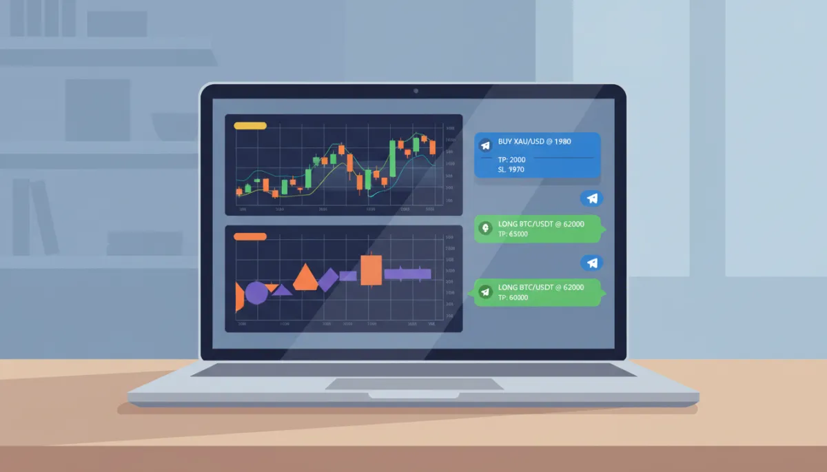 Laptop displaying structured gold and crypto trading signals from Telegram next to live charts