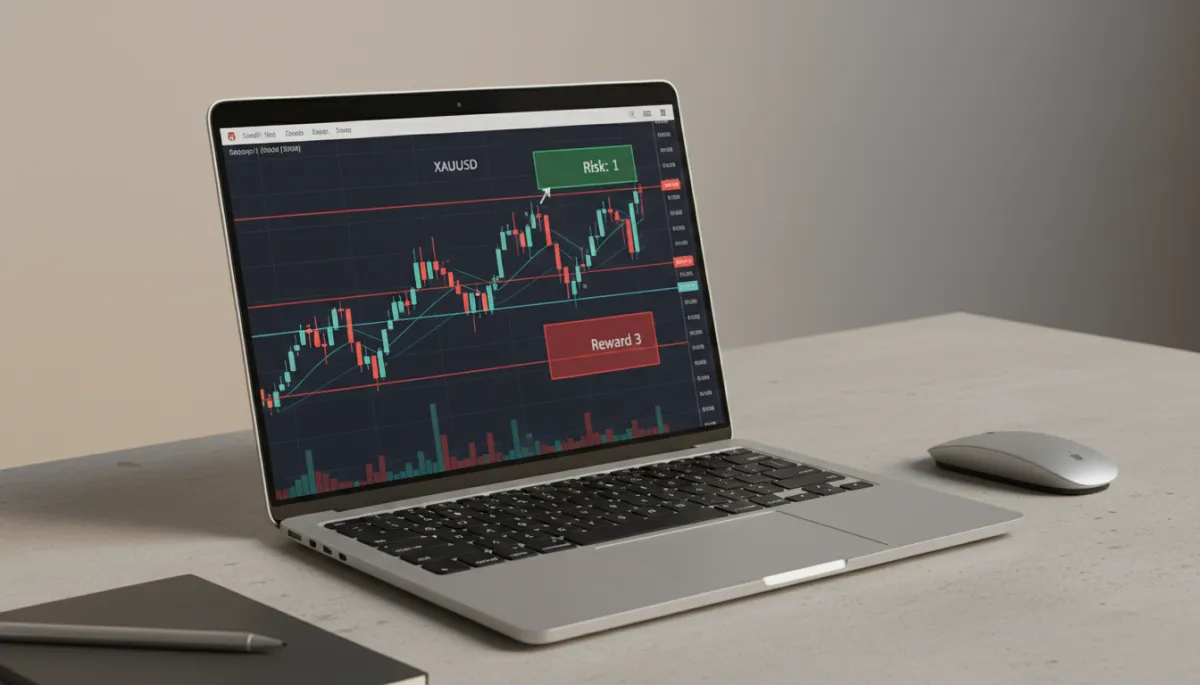 Laptop screen displaying XAUUSD chart with support, resistance, and trade setup marked Laptop screen displaying XAUUSD chart with support, resistance, and trade setup marked