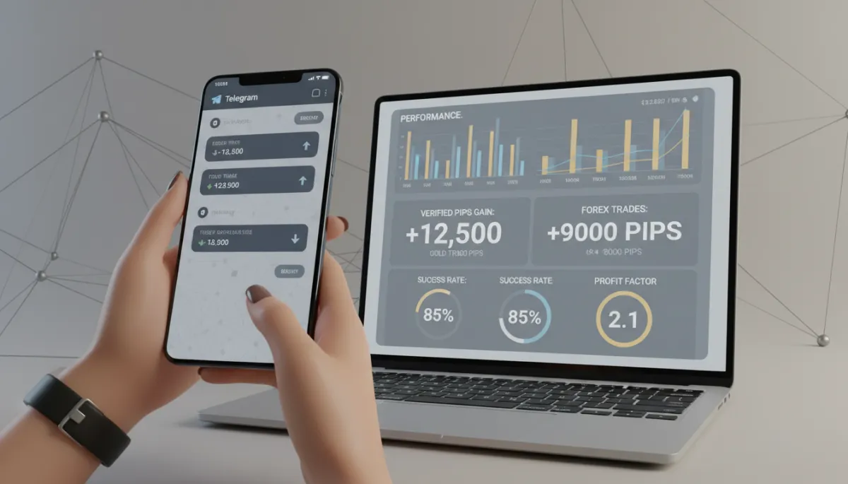 Trader checking Telegram forex and gold alerts alongside performance statistics Trader checking Telegram forex and gold alerts alongside performance statistics