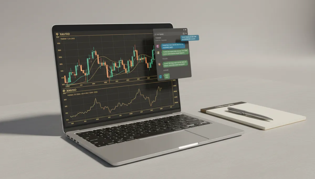 Laptop showing gold XAUUSD chart alongside a Telegram channel with trading signals