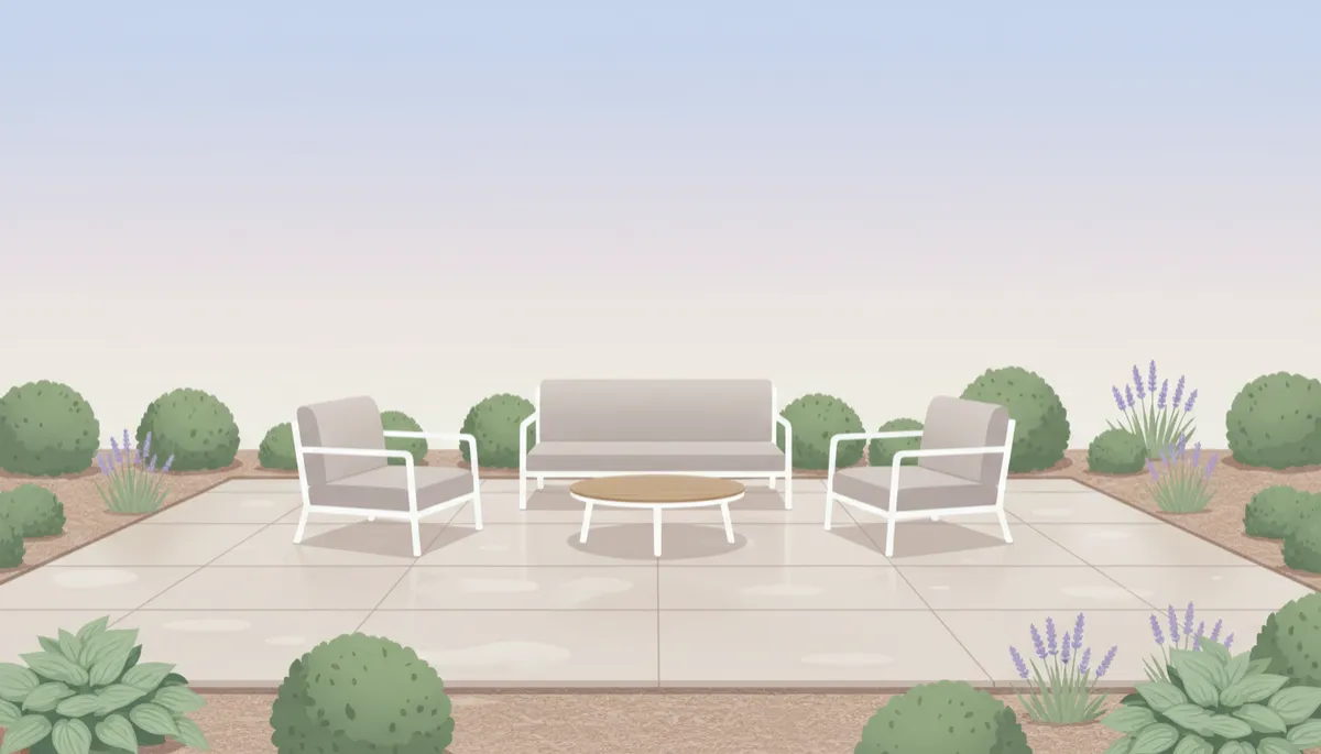 Clean patio and neat garden borders creating a welcoming outdoor area Clean patio and neat garden borders creating a welcoming outdoor area