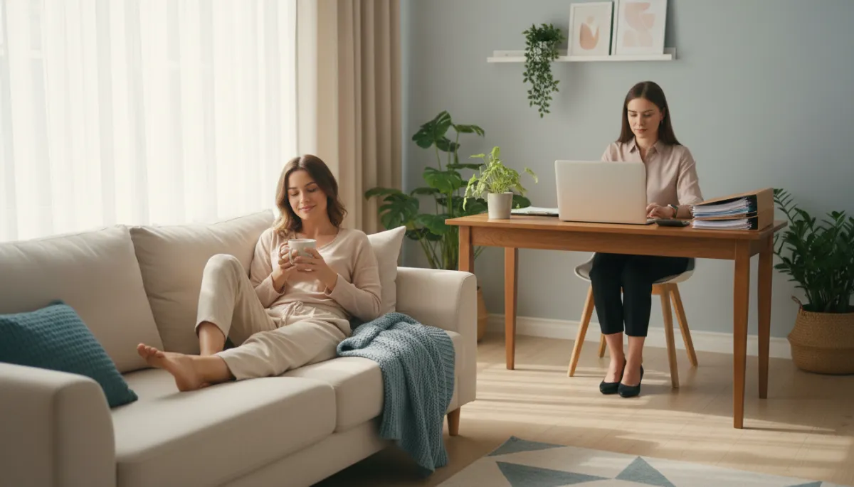 A photorealistic image of a small business owner relaxing comfortably at home, sitting on a cozy couch with a cup of coffee and a soft smile, while in the background, a professional bookkeeper works diligently at a desk with a laptop and organized paperwork. The setting is a bright, modern living room with warm natural lighting, house plants, and minimalistic decor, conveying a sense of ease, trust, and professionalism in financial management.