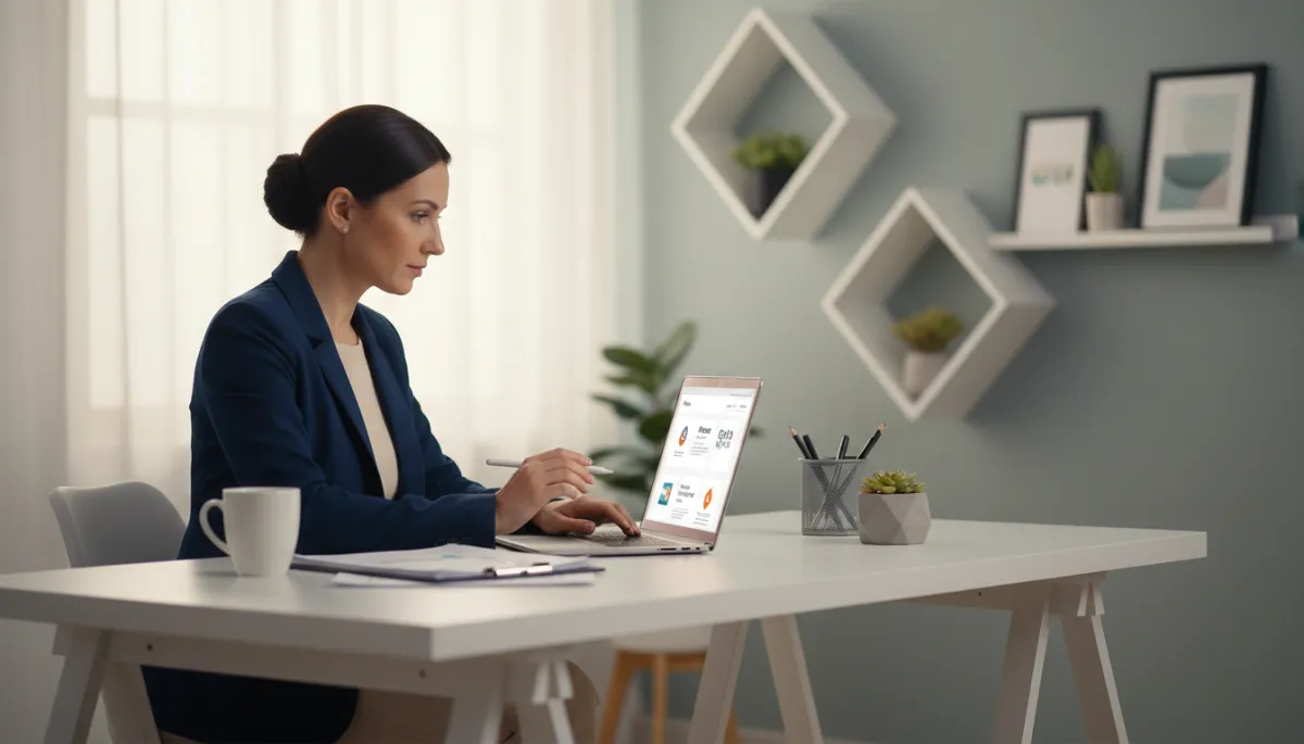 A photorealistic image of a small business owner sitting at a sleek, modern office desk, attentively looking at a laptop screen displaying various payroll service options. The workspace is well-lit with contemporary decor, including potted plants and minimalistic office supplies. The business owner, dressed in smart casual attire, appears focused and thoughtful, with some paperwork and a cup of coffee beside the laptop. The overall atmosphere is professional, organized, and inviting, conveying the process of evaluating payroll solutions for a small business.