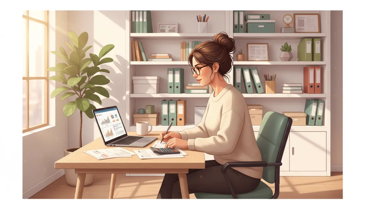 A photorealistic image of a small business owner sitting at a tidy desk in a sunlit, modern workspace, focused on managing payroll documents and using a laptop. The background features organized shelves with office supplies and a potted plant, creating a warm, professional atmosphere. The business owner appears engaged and confident, with paperwork and digital tools neatly arranged, conveying efficiency and professionalism in small business payroll management.