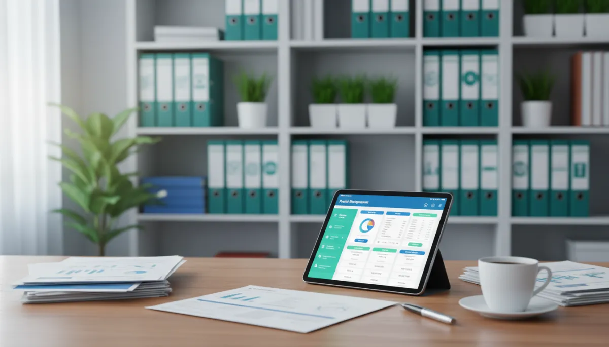 Photorealistic image of a professional office workspace featuring a neatly organized desk with a digital tablet displaying a payroll management dashboard, surrounded by official documents, a cup of coffee, and a pen. In the background, a soft-focus bookshelf with compliance binders and office plants adds a modern touch. The lighting is bright and natural, creating a clean, efficient, and trustworthy atmosphere suitable for a business blog on payroll compliance.