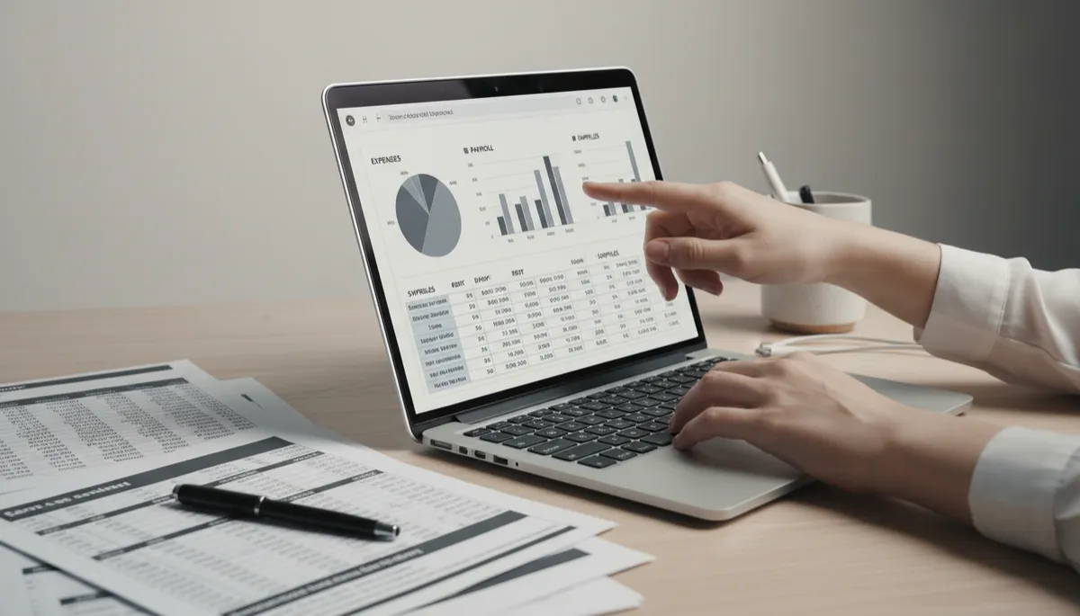 Bookkeeper reviewing categorized expenses and payroll reports for a local business