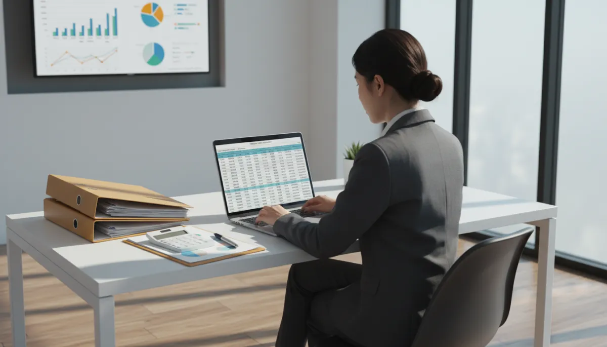 A photorealistic image of a modern, well-lit office workspace showcasing a business professional in formal attire seated at a sleek, contemporary desk. The professional is intently focused on a high-resolution laptop screen displaying a clearly visible digital spreadsheet filled with financial data. On the desk, there are neatly organized folders, printed financial documents, a pen, and a calculator, all arranged to convey meticulousness and order. In the background, a large wall-mounted monitor features a color-coded bookkeeping dashboard with vivid charts and graphs, reinforcing the theme of systematic financial management. Sunlight streams in through large windows, illuminating the scene and highlighting an atmosphere of efficiency, professionalism, and the critical importance of effective bookkeeping for business success.