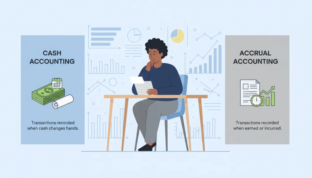 Create a high-quality, photorealistic infographic comparing cash accounting and accrual accounting methods for small business owners. The infographic should be clean and professional, using a balanced color palette with blue and gray tones. On the left side, visually represent cash accounting with icons such as dollar bills, a calendar, and a receipt, highlighting “Transactions recorded when cash changes hands.” On the right, illustrate accrual accounting with icons like an invoice, a clock, and a bar chart, emphasizing “Transactions recorded when earned or incurred.” Include a central figure of a diverse small business owner thoughtfully reviewing documents at a desk, with subtle graphs and charts in the background. Use clear labels, concise bullet points, and modern typography to ensure readability and visual appeal, suitable for a finance-focused business blog.