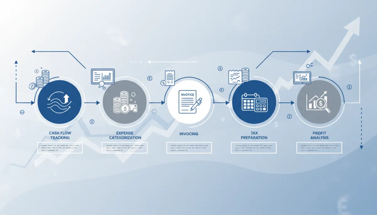 Create a high-quality, photorealistic infographic depicting key aspects of small business financial management. The infographic should feature clear icons and concise text segments illustrating essential bookkeeping concepts: cash flow tracking, expense categorization, invoicing, tax preparation, and profit analysis. Use a modern, clean layout with professional colors (blues, greys, and whites) to ensure clarity and visual appeal. Include subtle background elements like charts, graphs, and currency symbols, while maintaining a polished, business-oriented aesthetic suitable for a professional finance blog.