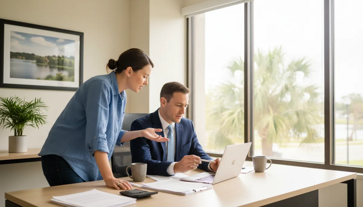 A photorealistic image depicting a small business owner meeting with a professional accountant in a modern office setting in Clermont, FL. The small business owner, casually dressed, sits across a desk from the accountant, who is in business attire. They are engaged in a focused discussion, with documents, a laptop, and a calculator on the desk between them. Sunlight streams in through large windows, and subtle Floridian décor elements—such as a small palm plant or a scenic local photo on the wall—help establish the Clermont, FL location. The atmosphere is professional, collaborative, and welcoming, suitable for a business blog about payroll services. A photorealistic image depicting a small business owner meeting with a professional accountant in a modern office setting in Clermont, FL. The small business owner, casually dressed, sits across a desk from the accountant, who is in business attire. They are engaged in a focused discussion, with documents, a laptop, and a calculator on the desk between them. Sunlight streams in through large windows, and subtle Floridian décor elements—such as a small palm plant or a scenic local photo on the wall—help establish the Clermont, FL location. The atmosphere is professional, collaborative, and welcoming, suitable for a business blog about payroll services.