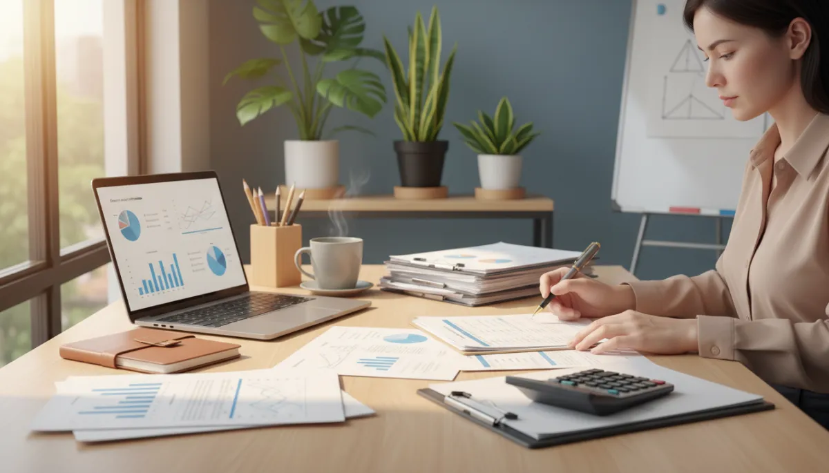 A photorealistic, high-quality image of a small business owner analyzing financial documents at a modern desk, surrounded by organized paperwork, a sleek laptop, and a cup of coffee. The workspace is bright and tidy, with natural light streaming through a window, green plants in the background, and subtle business-related items like a calculator and notepad. The scene conveys professionalism, focus, and a warm, inviting atmosphere suitable for a business finance blog.