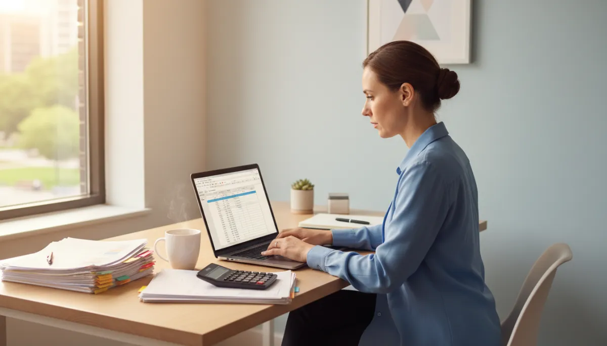 A photorealistic, high-quality image of a small business office environment: a focused small business owner sits at a modern desk, working on payroll tasks. The owner uses a sleek laptop, with organized paperwork, a calculator, and a cup of coffee nearby. Soft natural light streams through a window, highlighting a tidy workspace with minimalistic decor and office supplies. The atmosphere is professional and efficient, conveying responsibility and attention to detail in payroll management.