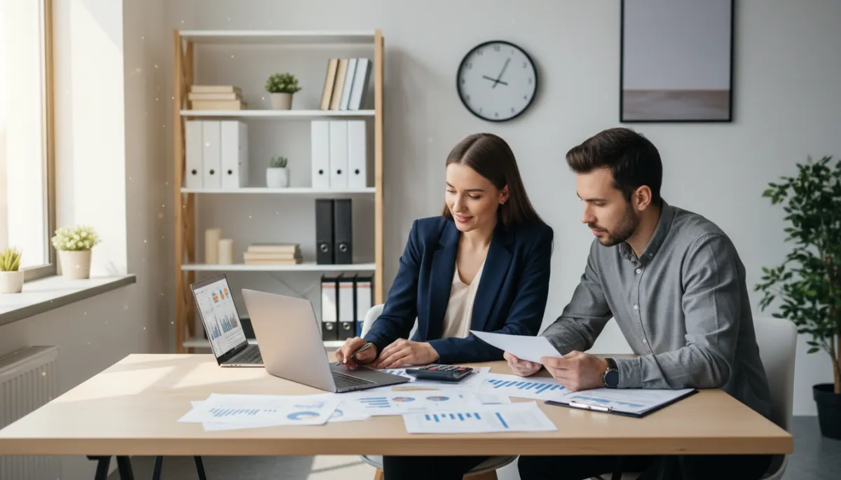 A photorealistic image of a small business office setting, featuring a diverse team of two professionals—a business owner and a payroll specialist—reviewing payroll documents together at a modern desk. The desk is organized with open laptops, payroll reports, and a calculator. Both individuals appear focused and engaged in discussion, highlighting collaboration and attention to detail. Soft natural lighting from a nearby window creates a professional, inviting atmosphere, emphasizing trust and accuracy in payroll management. The background includes subtle office elements such as a bookshelf with binders and a wall clock, reinforcing a business environment.