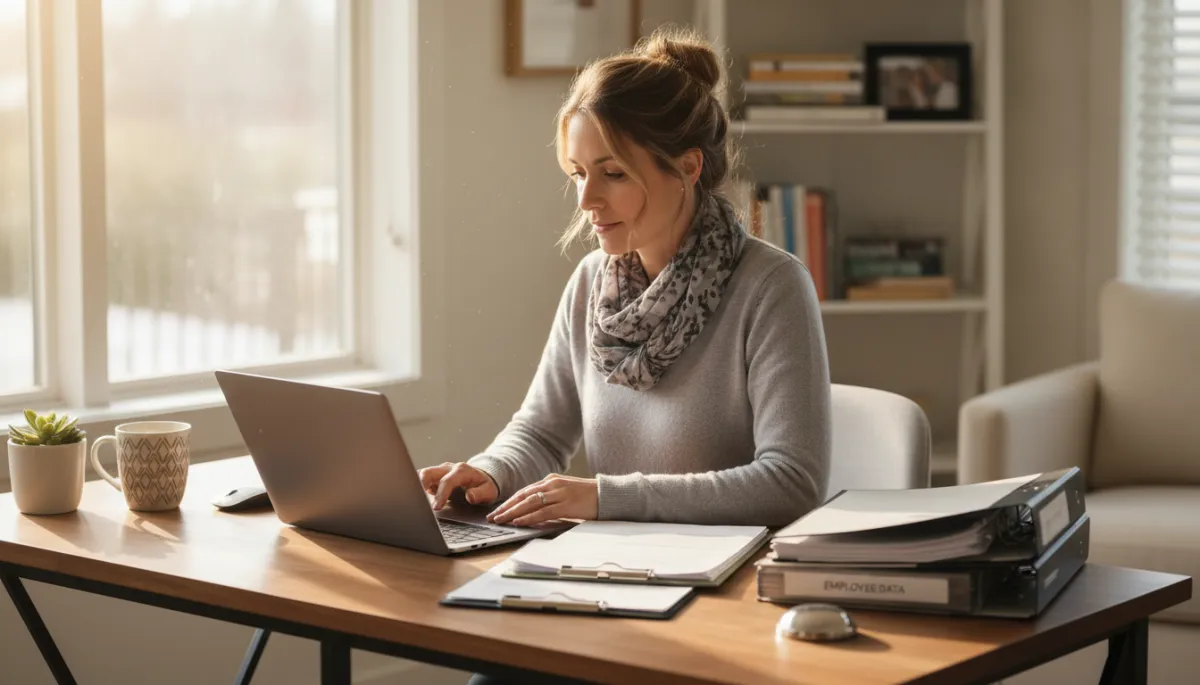 A photorealistic image of a small business owner sitting at a tidy desk in a cozy, well-lit office, focused on managing payroll documents and using a laptop. The workspace includes organized files, a coffee mug, a potted plant, and soft natural lighting from a nearby window. The setting conveys professionalism, warmth, and productivity, suitable for a blog about small business payroll management.
