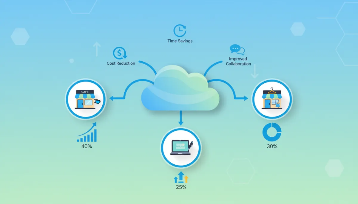 Create a high-quality, photorealistic infographic illustrating the adoption of cloud-based accounting systems by small businesses and their impact on efficiency. The infographic should feature a clean, modern design with a central cloud icon connected to various small business icons (such as a café, boutique, and freelance workspace), each displaying brief statistics or percentage increases in efficiency. Include visual elements like upward-trending graphs, pie charts, and icons representing time savings, cost reduction, and improved collaboration. Use a professional color palette with blues and greens, clear typography, and subtle background gradients to ensure the graphic is visually appealing and suitable for a business-focused blog.