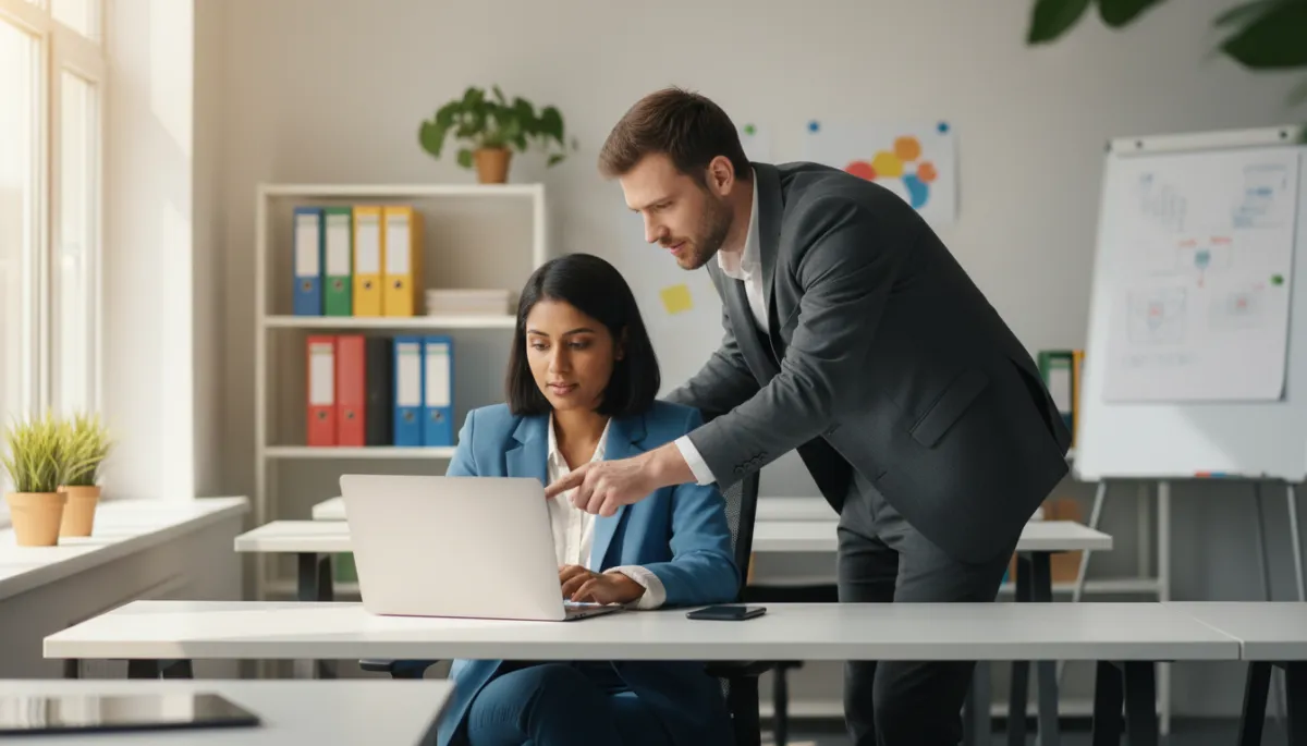 A photorealistic, high-quality image of two diverse professionals collaborating in a modern office setting. One person is seated at a desk with a laptop open, while the other stands beside them, pointing at the screen and offering input. The workspace features natural lighting, organized desks, and subtle business decor such as office plants, shelves with binders, and a whiteboard in the background. Both individuals appear engaged and focused, dressed in smart business attire, conveying teamwork and productivity in a professional environment.