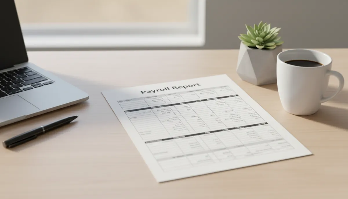 A photorealistic, high-resolution image of a neatly organized office desk with a printed payroll report prominently displayed in the center. The report shows rows of employee names, hours worked, pay rates, deductions, and net pay, laid out clearly on crisp white paper. Surrounding the report are subtle office items: a closed laptop, a pen, a mug of coffee, and a small potted plant, all arranged to evoke a professional, modern workspace. Soft natural light streams in, highlighting the details of the payroll report and creating a clean, sophisticated atmosphere suitable for a business blog.