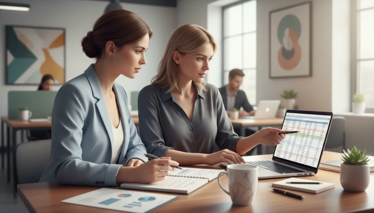 Two professional female co-workers collaborating in a modern office environment, seated at a desk with a laptop open in front of them, one woman attentively reviewing financial documents while the other gestures toward the laptop screen, both appearing focused and engaged in a discussion about payroll or financial management. The office space is bright and organized, featuring a coffee mug, notepads, and subtle business decor, conveying a productive and friendly workplace atmosphere. Photorealistic, high-resolution, with natural lighting and a professional tone suitable for a business blog.