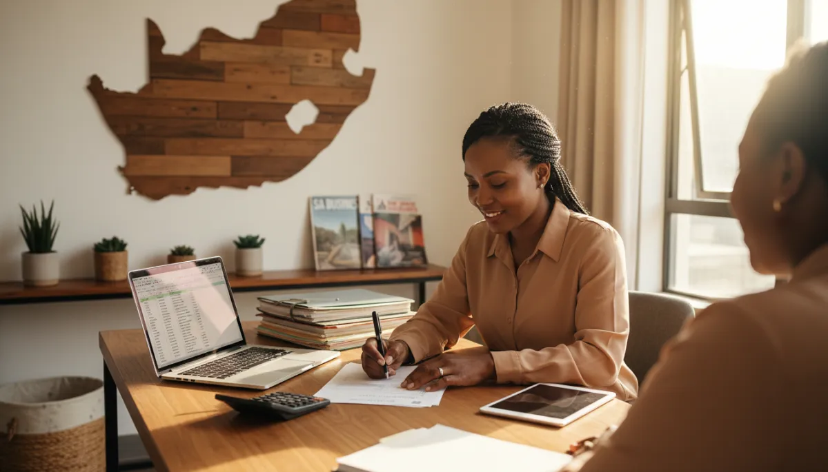 A photorealistic image of a professional female bookkeeper of African descent, seated in a cozy yet modern workspace typical of a South African small business office. She is attentively reviewing a printed checklist, pen in hand, with organized financial documents, a laptop, and accounting materials neatly arranged on the desk. Soft natural light filters through a window, highlighting her focused expression and the tidy, professional atmosphere. Subtle elements, such as a map of South Africa on the wall or local business magazines, reference the South African business context, reinforcing themes of business sustainability and financial diligence. The overall tone is competent, warm, and trustworthy, suitable for a professional blog post on business sustainability in South Africa.