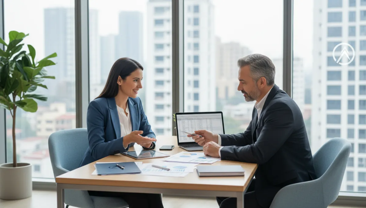 A photorealistic image of a confident small business owner sitting at a sleek, modern office desk, reviewing financial documents with a tax advisor. The setting features large windows with natural light, contemporary office furniture, and subtle branding elements that suggest a professional, trustworthy environment. The business owner and advisor are engaged in a focused discussion, with a laptop, tablet, and organized paperwork on the desk. The overall mood is collaborative and supportive, emphasizing personalized tax services for small businesses.