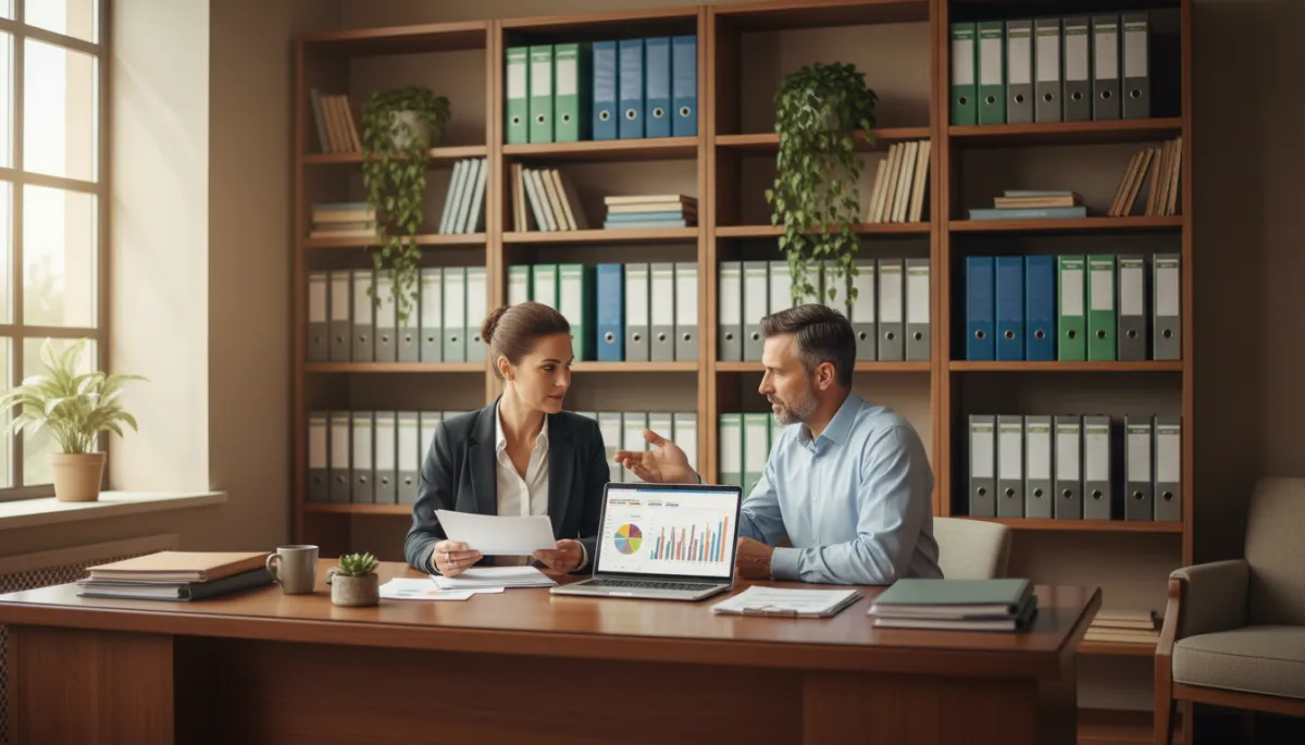 A photorealistic, high-quality image of a small business owner sitting across from a professional bookkeeper at a tidy desk in a well-lit, cozy office. The business owner is attentively reviewing documents while the bookkeeper explains financial charts on a laptop screen. The background features shelves with organized binders, potted plants, and soft natural light streaming through a window, creating a warm yet professional atmosphere suitable for a business-focused blog. A photorealistic, high-quality image of a small business owner sitting across from a professional bookkeeper at a tidy desk in a well-lit, cozy office. The business owner is attentively reviewing documents while the bookkeeper explains financial charts on a laptop screen. The background features shelves with organized binders, potted plants, and soft natural light streaming through a window, creating a warm yet professional atmosphere suitable for a business-focused blog.