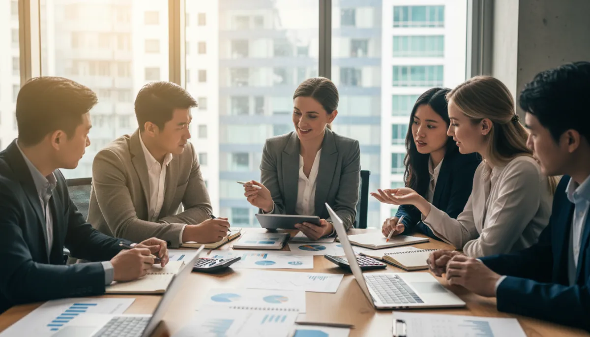 A photorealistic, high-quality image showing a diverse group of small business owners gathered around a conference table in a modern office setting, attentively discussing financial documents with a professional bookkeeper. The scene includes laptops, notebooks, charts, and calculators spread on the table, with natural daylight streaming through large windows. Everyone is dressed in business casual attire, engaged and focused, creating a collaborative and professional atmosphere suitable for a business finance blog. A photorealistic, high-quality image showing a diverse group of small business owners gathered around a conference table in a modern office setting, attentively discussing financial documents with a professional bookkeeper. The scene includes laptops, notebooks, charts, and calculators spread on the table, with natural daylight streaming through large windows. Everyone is dressed in business casual attire, engaged and focused, creating a collaborative and professional atmosphere suitable for a business finance blog.