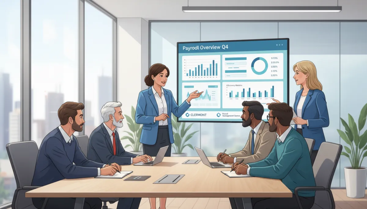 A photorealistic image showing a diverse group of small and medium-sized business owners gathered around a modern conference table, attentively reviewing digital payroll reports displayed on a large screen. One person gestures towards the screen, illustrating efficient payroll management. The office setting is bright and contemporary, with subtle branding elements representing Clermont Payroll Management Services. Natural light filters through large windows, creating a productive and professional atmosphere that emphasizes teamwork and business transformation. A photorealistic image showing a diverse group of small and medium-sized business owners gathered around a modern conference table, attentively reviewing digital payroll reports displayed on a large screen. One person gestures towards the screen, illustrating efficient payroll management. The office setting is bright and contemporary, with subtle branding elements representing Clermont Payroll Management Services. Natural light filters through large windows, creating a productive and professional atmosphere that emphasizes teamwork and business transformation.