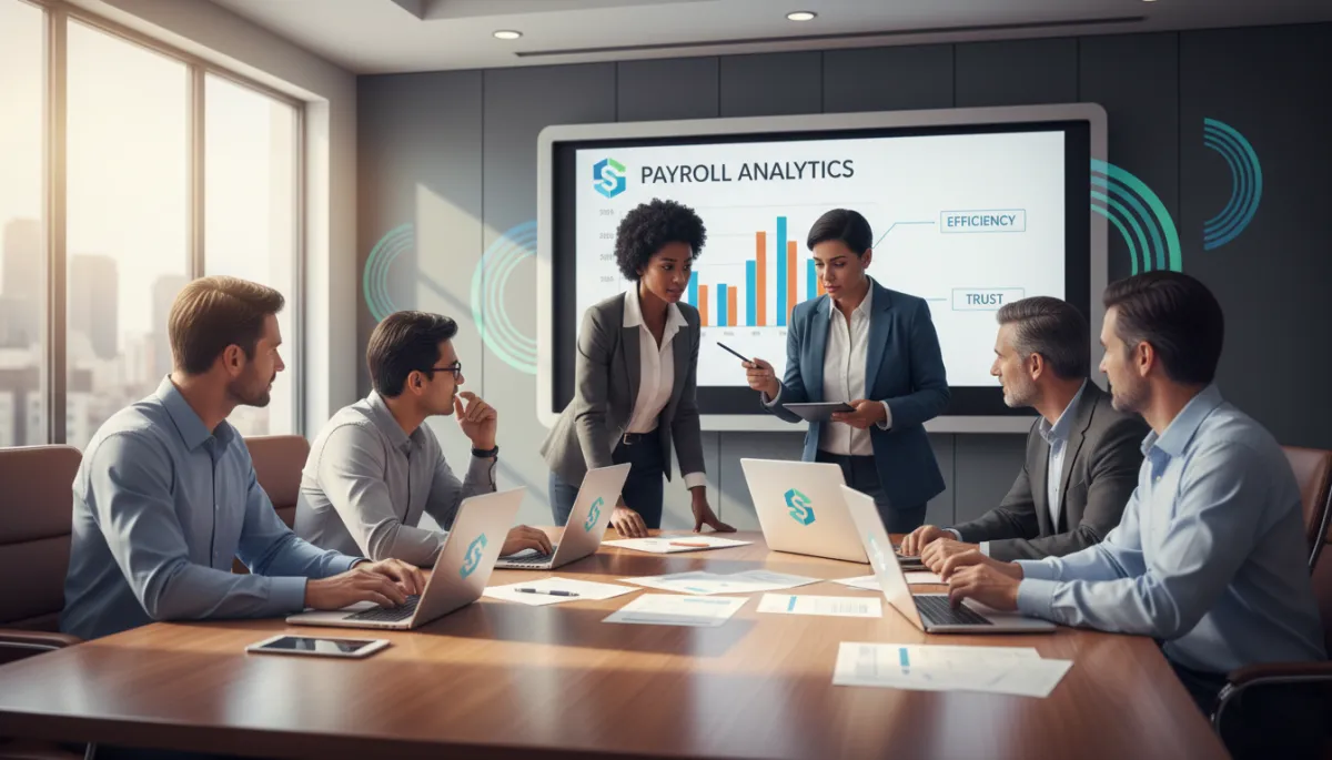 A photorealistic, high-quality image depicting a modern office environment with a diverse group of small and medium-sized business professionals gathered around a conference table, reviewing payroll documents and digital financial data on laptops and tablets. The atmosphere is collaborative and focused, with one team member pointing at a chart on a digital screen displaying payroll analytics. Subtle branding elements suggest efficiency and trust. The scene is well-lit with natural and soft office lighting, conveying professionalism and the transformative impact of streamlined payroll management services. A photorealistic, high-quality image depicting a modern office environment with a diverse group of small and medium-sized business professionals gathered around a conference table, reviewing payroll documents and digital financial data on laptops and tablets. The atmosphere is collaborative and focused, with one team member pointing at a chart on a digital screen displaying payroll analytics. Subtle branding elements suggest efficiency and trust. The scene is well-lit with natural and soft office lighting, conveying professionalism and the transformative impact of streamlined payroll management services.