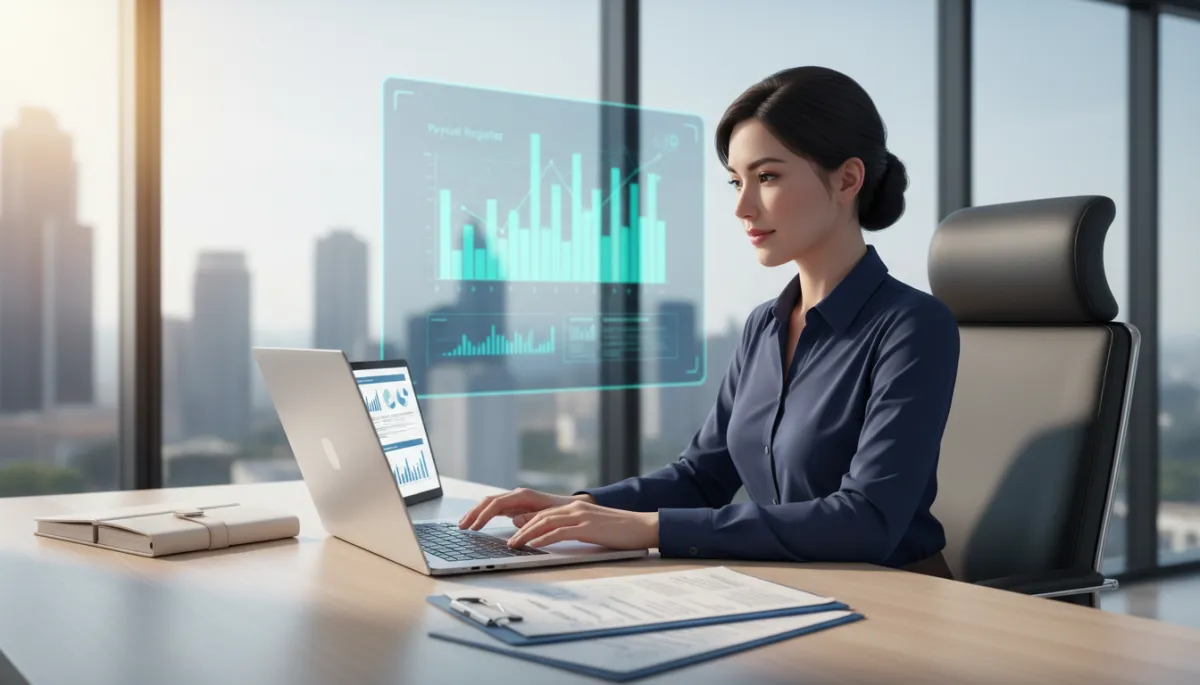 A photorealistic image of a professional payroll specialist in a modern office environment, sitting at a desk with a laptop open, reviewing digital payroll documents on the screen. The specialist appears focused and confident, with a notepad and compliance checklists beside them. In the background, subtle graphics or charts on a large screen hint at payroll data analysis. The overall atmosphere conveys efficiency, trust, and the benefits of outsourcing payroll solutions for compliance. The color scheme is clean and corporate, with natural daylight streaming in, maintaining a polished, professional look suitable for a business blog. A photorealistic image of a professional payroll specialist in a modern office environment, sitting at a desk with a laptop open, reviewing digital payroll documents on the screen. The specialist appears focused and confident, with a notepad and compliance checklists beside them. In the background, subtle graphics or charts on a large screen hint at payroll data analysis. The overall atmosphere conveys efficiency, trust, and the benefits of outsourcing payroll solutions for compliance. The color scheme is clean and corporate, with natural daylight streaming in, maintaining a polished, professional look suitable for a business blog.