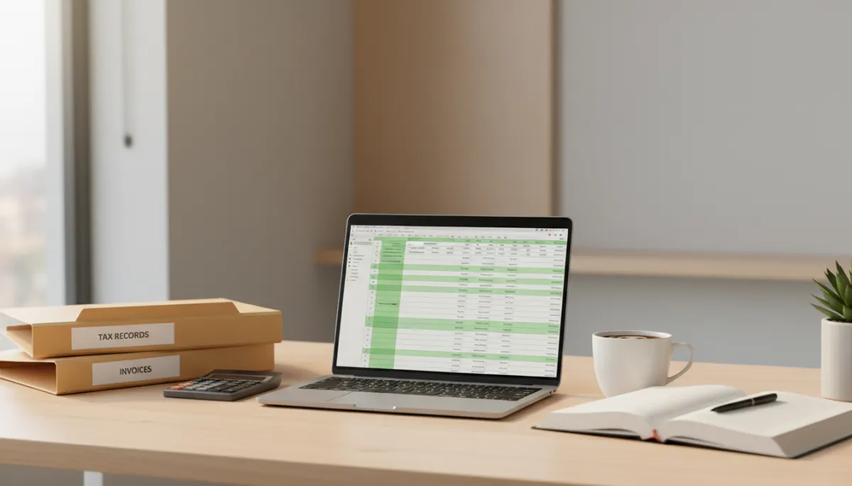 A photorealistic, high-quality image of a modern, organized workspace featuring a clean wooden desk with a laptop displaying spreadsheet software, neatly stacked folders labeled 