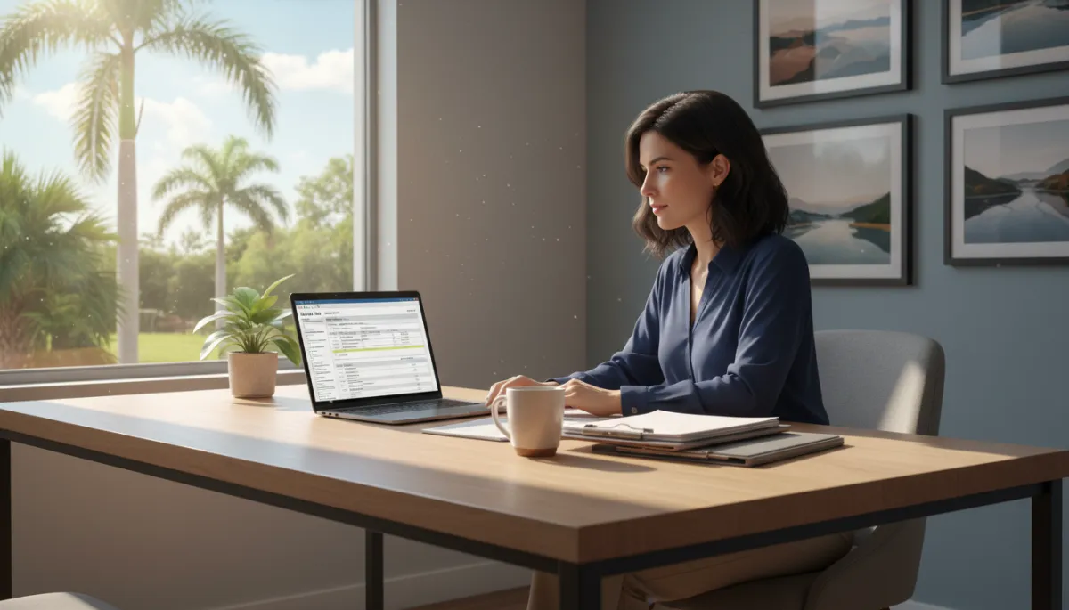 A photorealistic, high-quality image of a small business owner in a modern, well-lit office in Clermont, Florida, sitting at a tidy desk with a laptop and a stack of organized documents. The owner, dressed in business-casual attire, is focused on reviewing digital sales tax forms displayed on the laptop screen, with a cup of coffee nearby. The background includes subtle hints of Florida, such as a window view with palm trees and natural sunlight streaming in, conveying professionalism, organization, and attention to detail in small business financial management. A photorealistic, high-quality image of a small business owner in a modern, well-lit office in Clermont, Florida, sitting at a tidy desk with a laptop and a stack of organized documents. The owner, dressed in business-casual attire, is focused on reviewing digital sales tax forms displayed on the laptop screen, with a cup of coffee nearby. The background includes subtle hints of Florida, such as a window view with palm trees and natural sunlight streaming in, conveying professionalism, organization, and attention to detail in small business financial management.