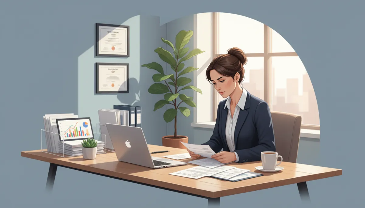 Cover image showing a focused Clermont small business owner at a modern, well-lit desk carefully reviewing and sorting organized sales tax documents, with a laptop displaying financial charts, neatly stacked paperwork, potted plants, and framed certificates that convey professionalism, accuracy, and diligent Florida sales tax compliance.
