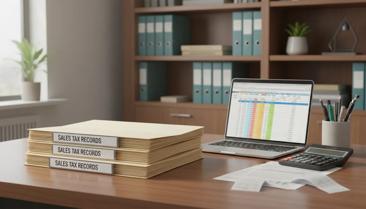 A photorealistic, high-quality image of a modern, organized workspace dedicated to sales tax tracking and filing. The desk features neatly stacked folders labeled "Sales Tax Records," an open laptop displaying a spreadsheet, a calculator, a cup of pens, and a few financial documents. The background includes a bookshelf with reference binders and a small potted plant for a touch of professionalism. Soft, natural lighting illuminates the area, creating a clean, efficient, and professional atmosphere suitable for a business blog.