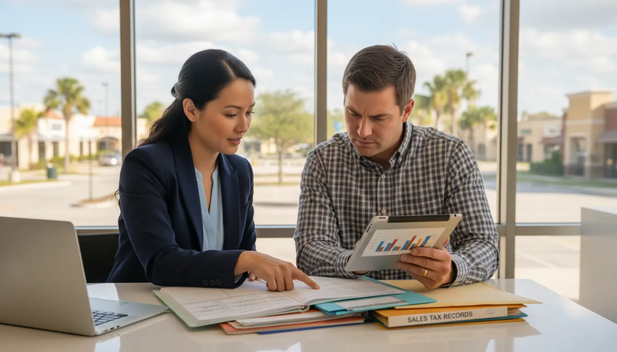 A photorealistic, high-quality image of a professional bookkeeper sitting at a sleek, modern desk with a laptop and neatly organized paperwork. The bookkeeper, dressed in business attire, is attentively explaining detailed sales tax records to a small business owner from Clermont, Florida. The business owner, also in business casual clothing, listens intently while reviewing a digital tablet displaying charts. In the background, large windows let in natural light and reveal a hint of a suburban commercial district, conveying a local business setting. The overall atmosphere is collaborative, focused, and professional, suitable for a financial consulting blog.