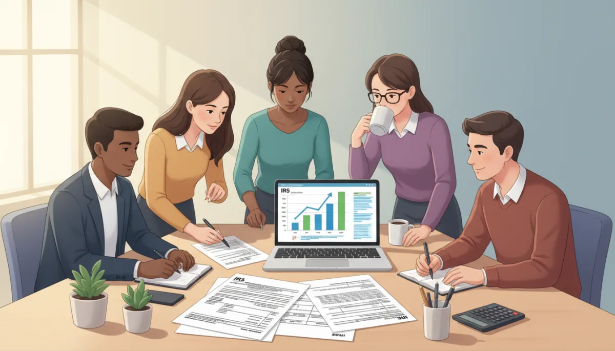 A photorealistic scene of a diverse small business team gathered around a desk, reviewing payroll tax documents and using a laptop, with charts and tax forms visible. Soft natural lighting, organized workspace, and a sense of collaboration and careful attention to financial compliance.