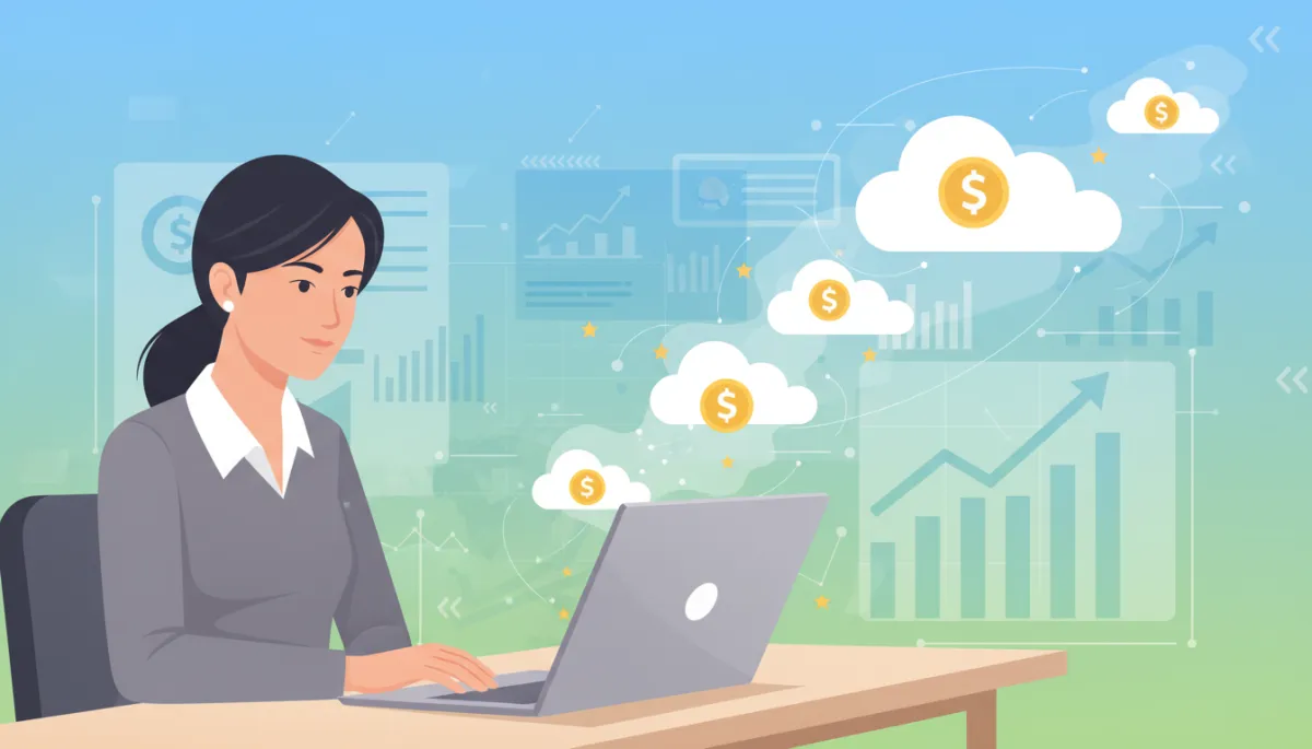 An illustration showing a small business owner using a laptop with cloud icons and financial charts, representing cloud bookkeeping services