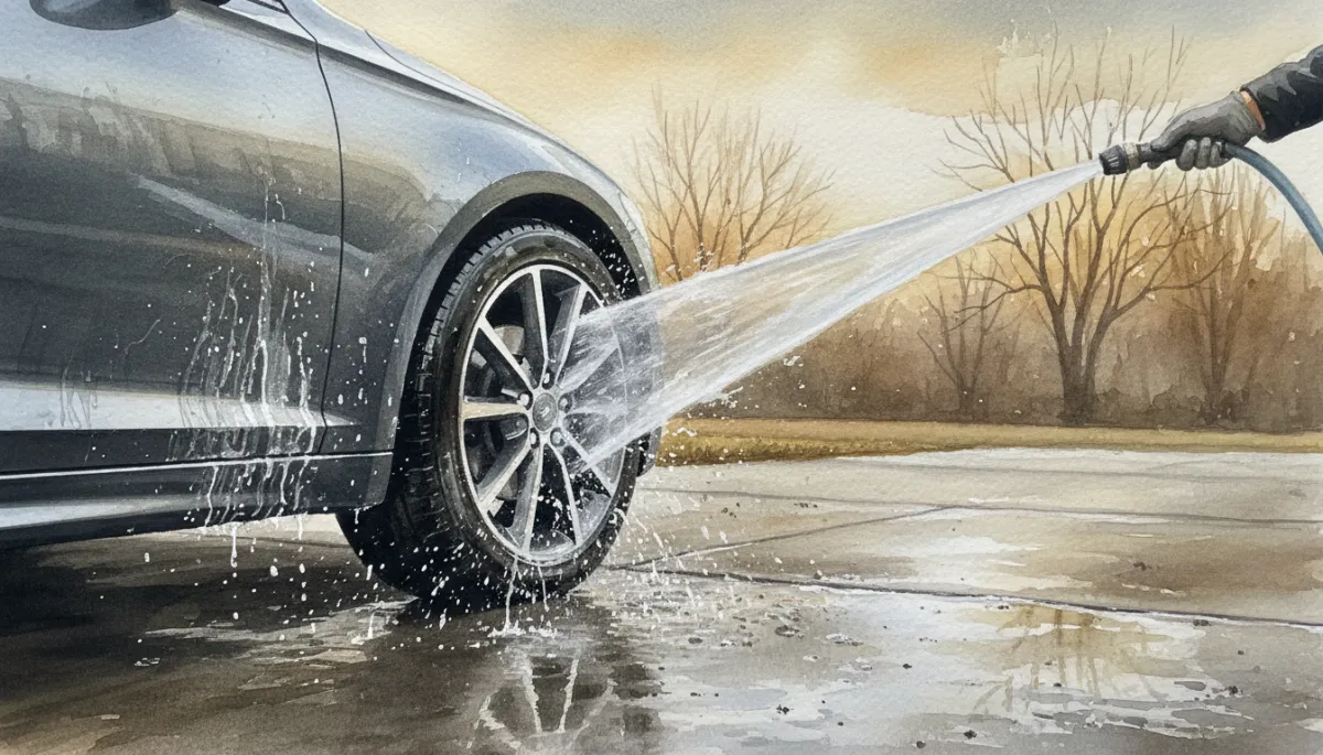 Detailer rinsing winter road salt from a car in Northern Virginia