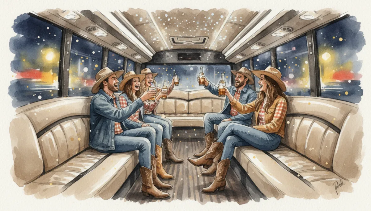 Friends enjoying a luxury party bus ride to a Chicago concert