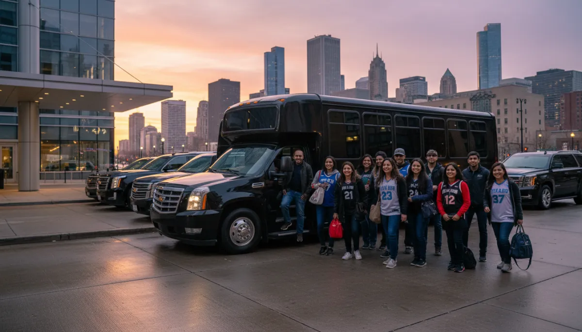 professional wide-angle view of a modern black executive shuttle bus and several black SUVs lined up in front of a Chicago hotel, diverse group of fans in WNBA jerseys boarding together in early evening light