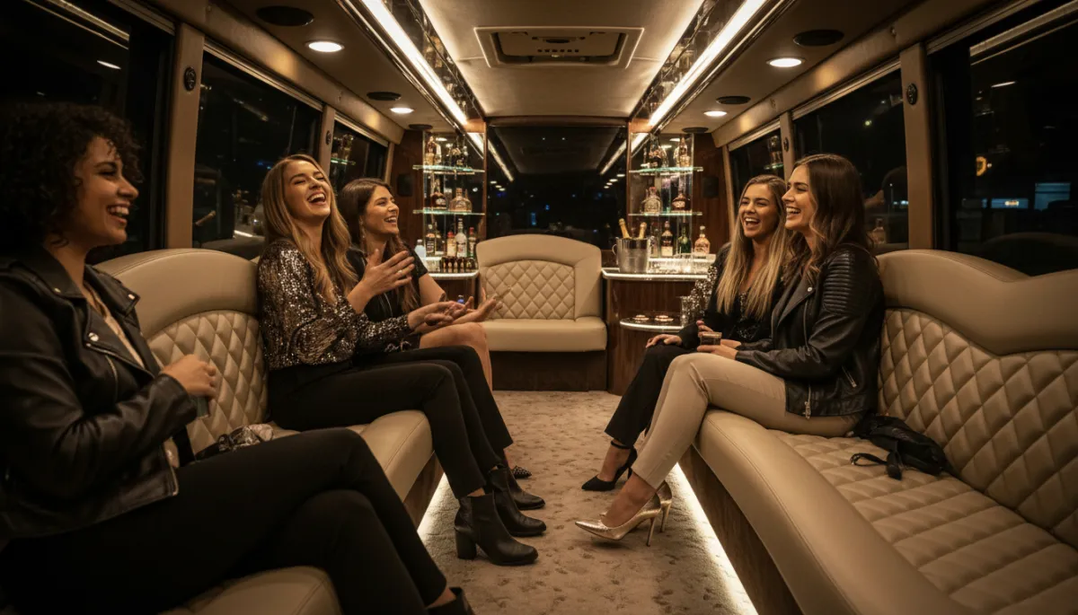 Group of friends riding in a luxury party bus to a concert