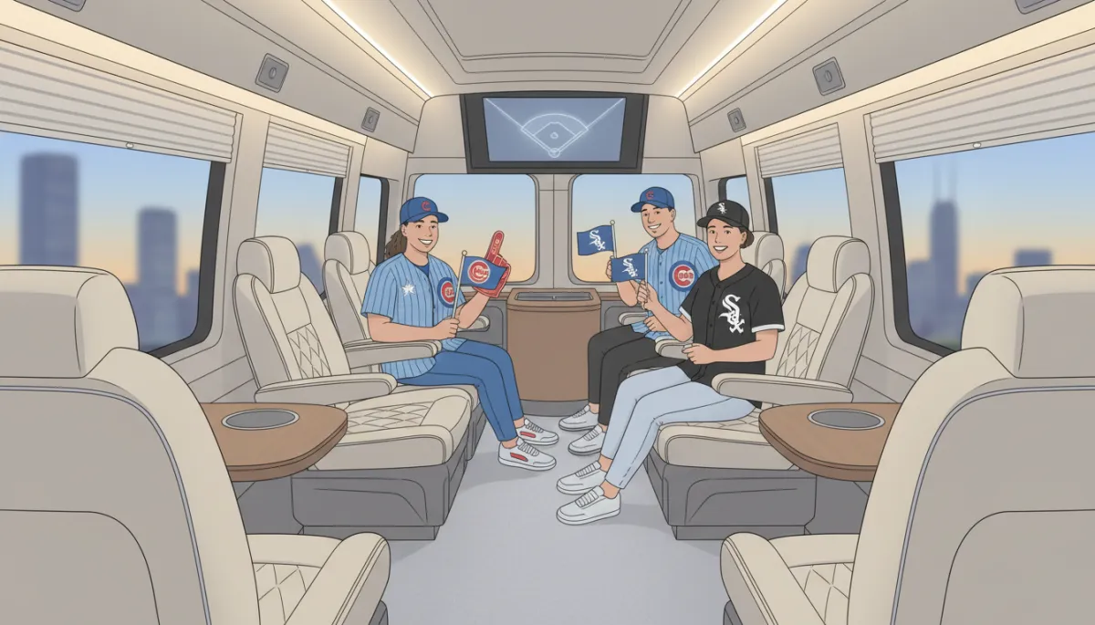 Group of Crosstown Classic fans riding in a luxury Sprinter Van