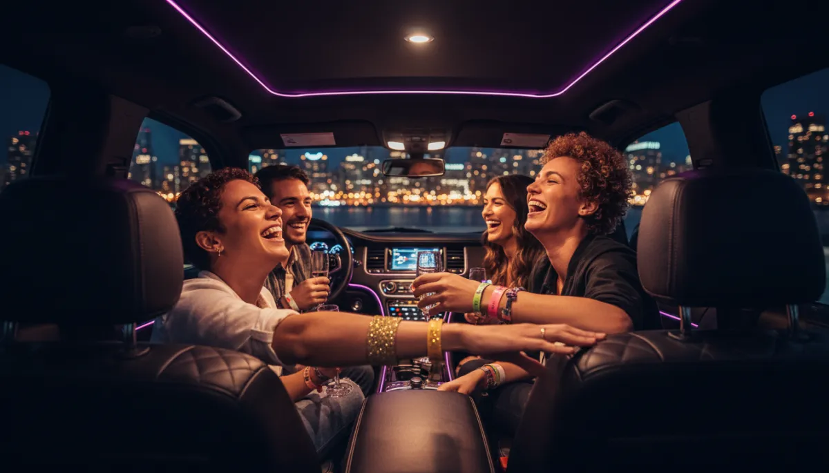 Friends relaxing inside a luxury SUV on the way to Lollapalooza