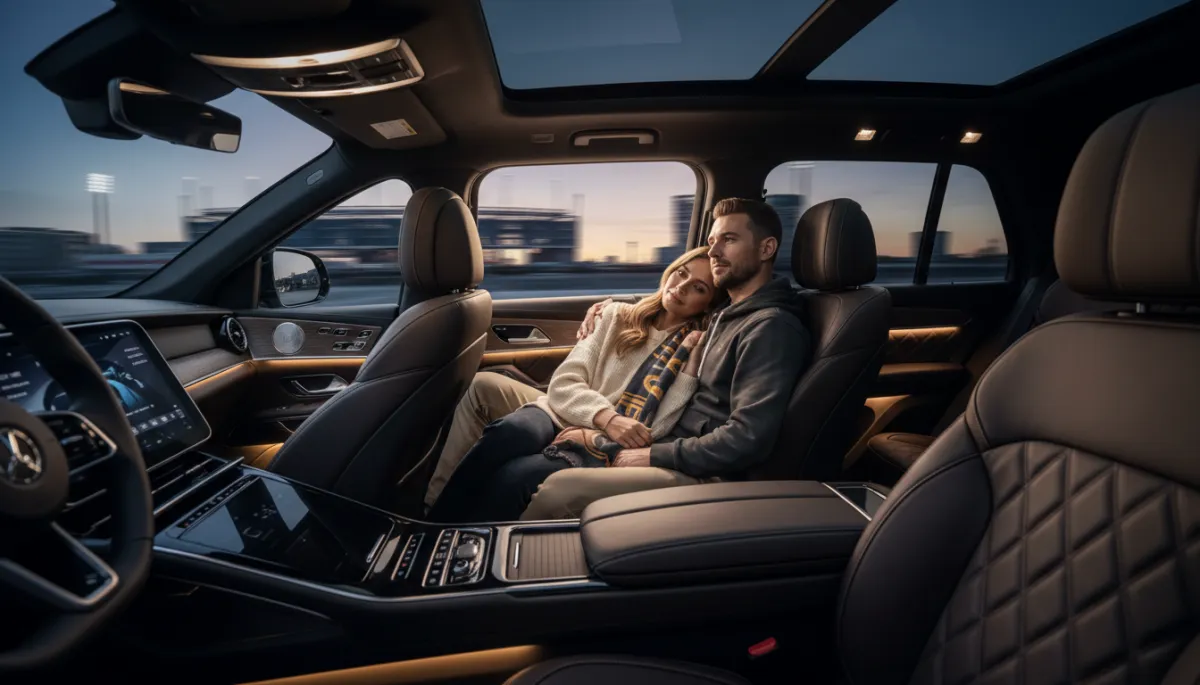 Passengers relaxing inside a luxury SUV on the way to Wrigley Field