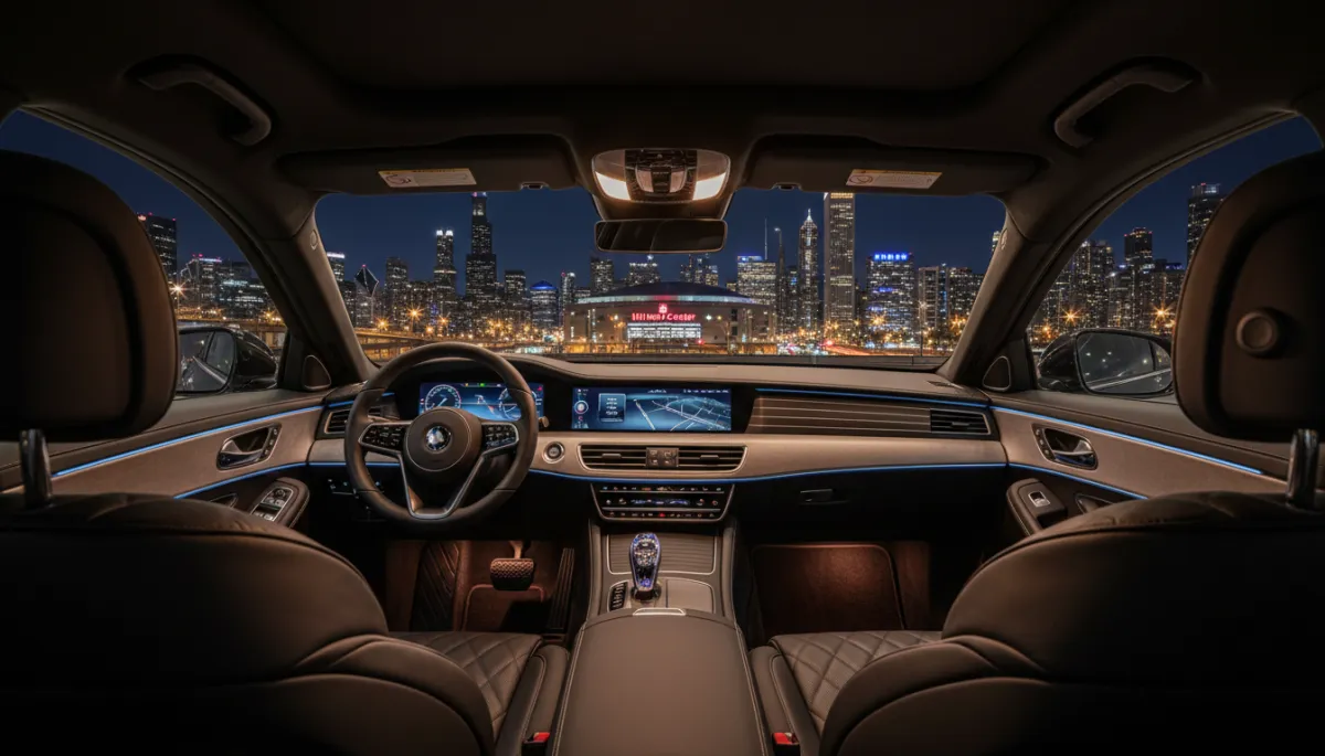 Interior of a luxury sedan en route to United Center at night